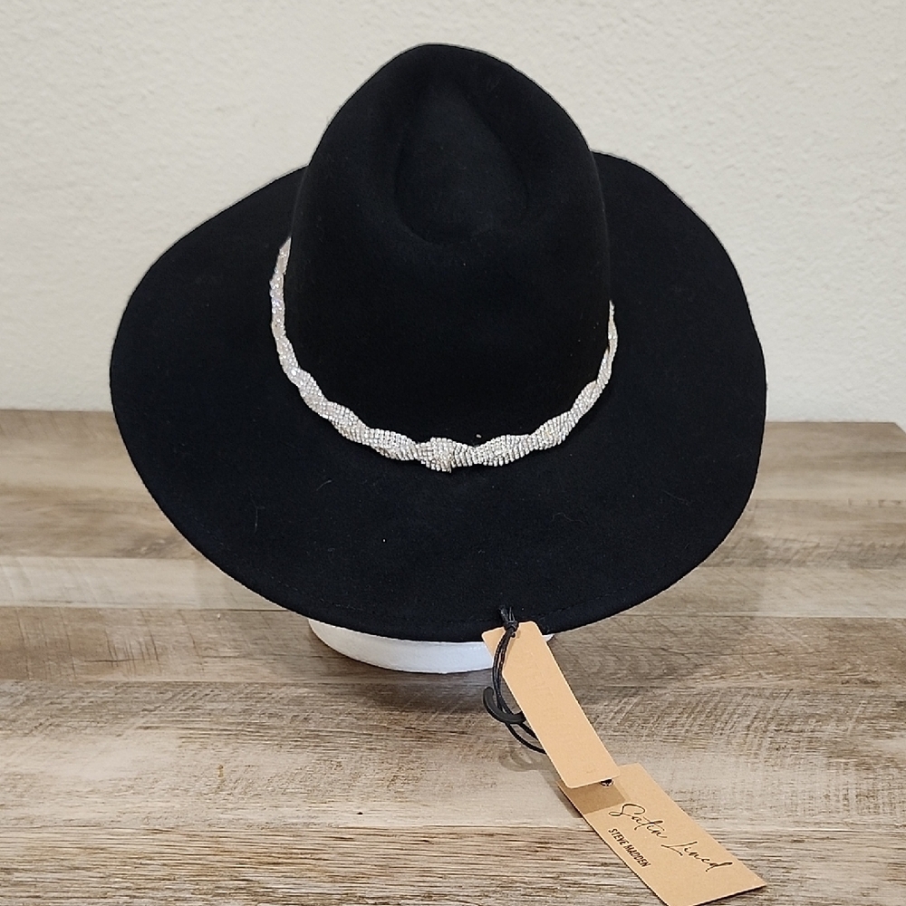Steve Madden Black Wide-Brim Hat With Rhinestone Belt Accent - Picture 5 of 10